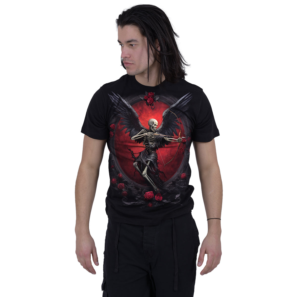 Male model wearing Cupid's Curse gothic  Front Print T-Shirt in Black by Spiral Clothing