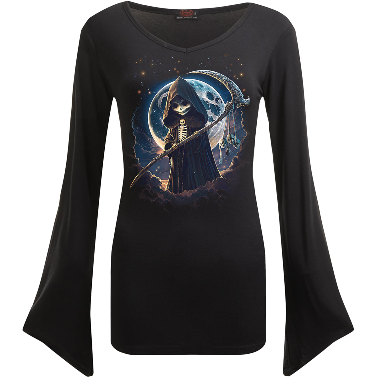 Reaperette gothic Women's V Neck Goth Sleeve Top in Black by Spiral Clothing - Front view