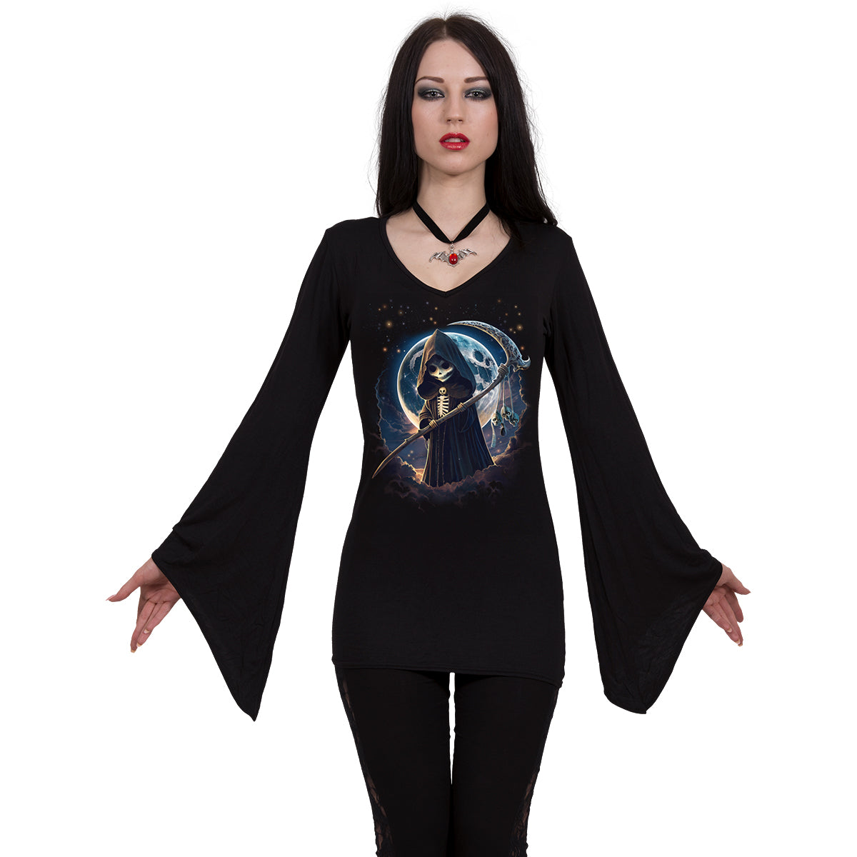 Reaperette gothic  V Neck Goth Sleeve Top in Black by Spiral Clothing worn by a women