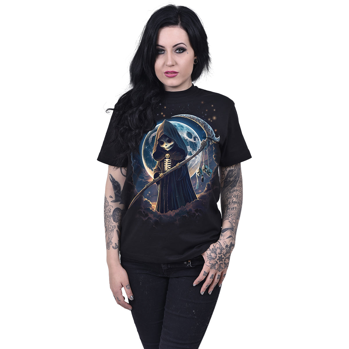 Reaperette gothic  Front Print T-Shirt in Black by Spiral Clothing worn by a women