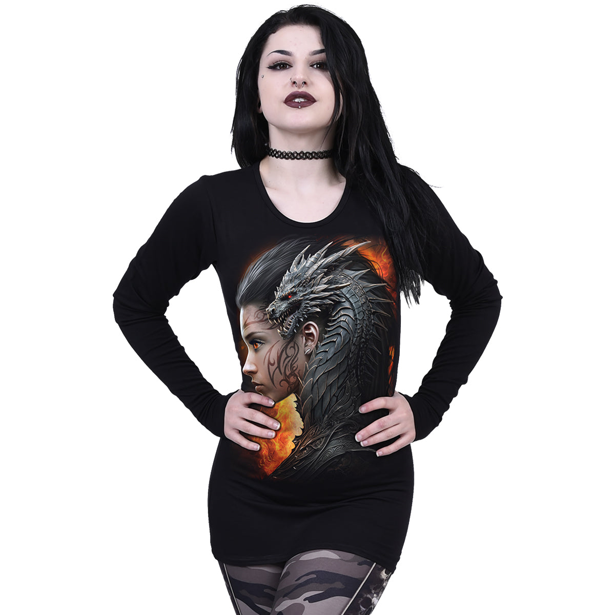 Male model wearing Draco Queen gothic  Baggy Top in Black by Spiral Clothing