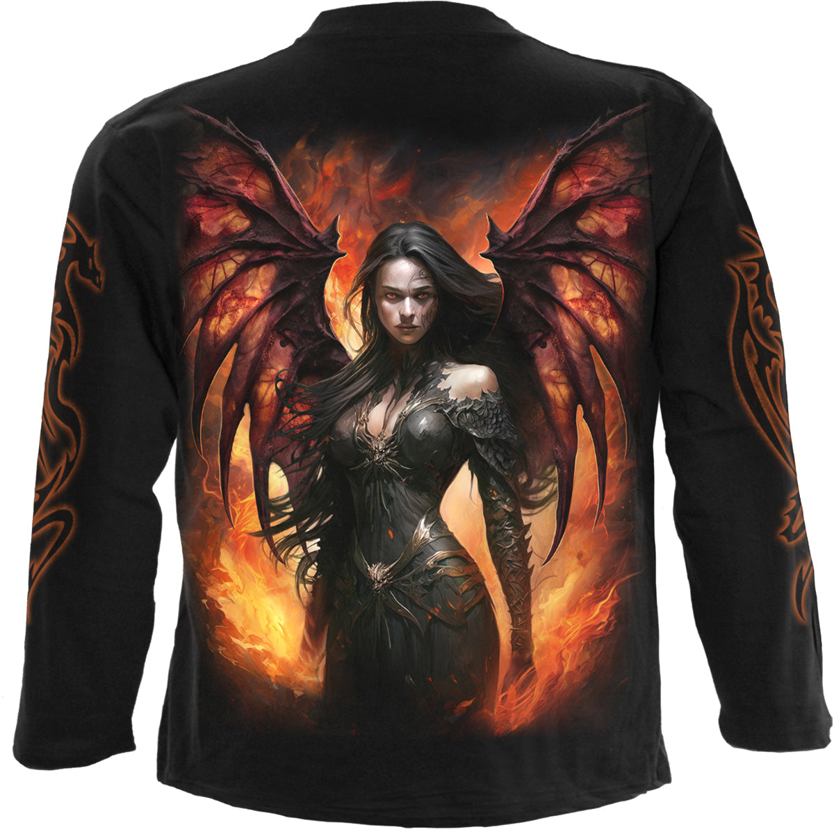 Male model wearing Draco Queen gothic  Longsleeve T-Shirt in Black by Spiral Clothing