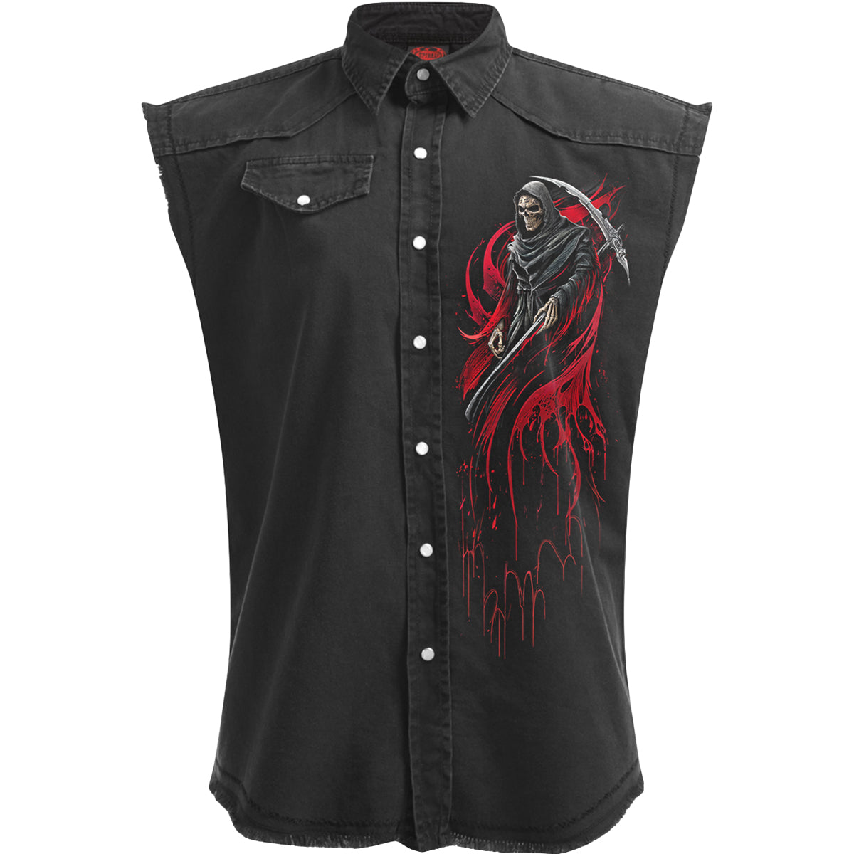Screaming Death gothic Men's Sleeveless Stone Washed Worker Shirt in Black by Spiral Clothing - Front view
