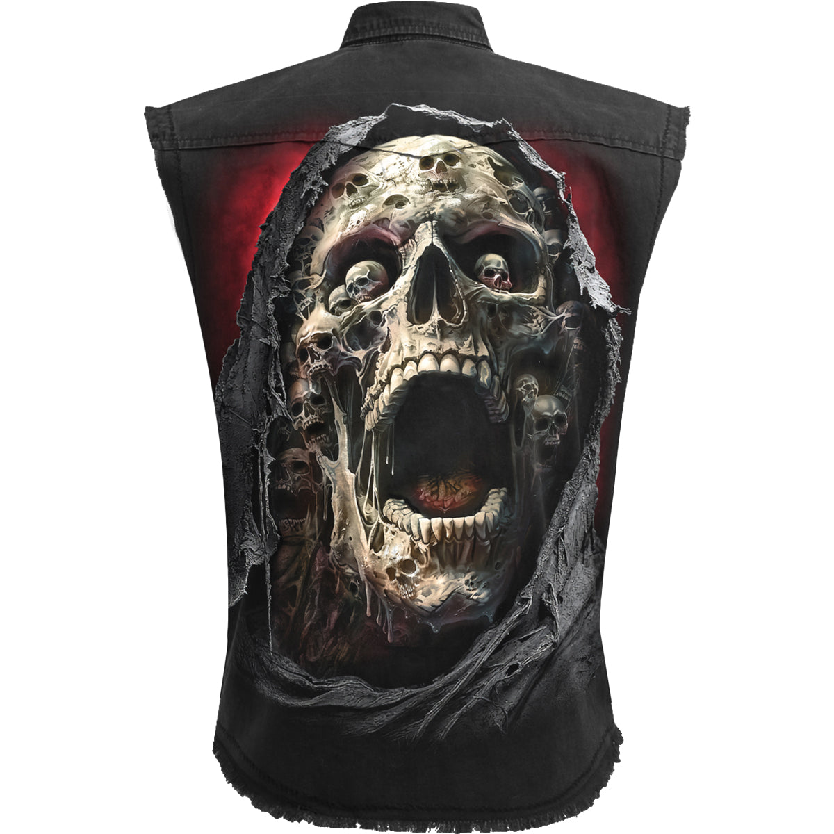 Back view of Screaming Death gothic  Sleeveless Stone Washed Worker Shirt in Black by Spiral Clothing