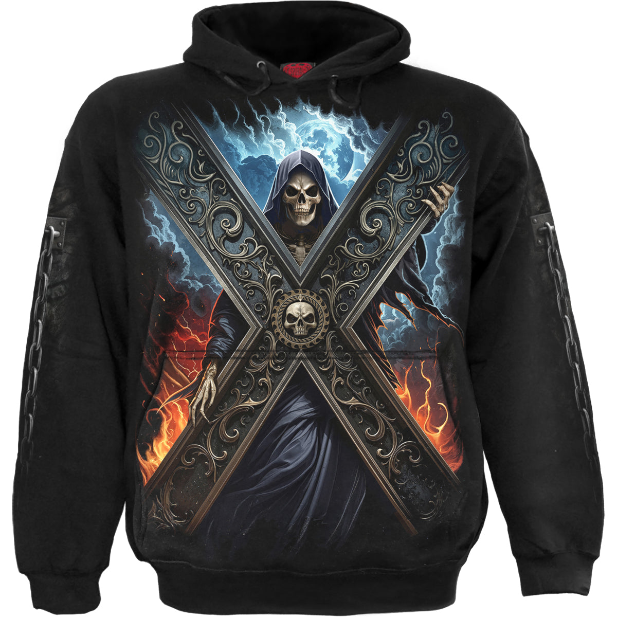 Crossed Over gothic Men's Hoody in Black by Spiral Clothing - Front view