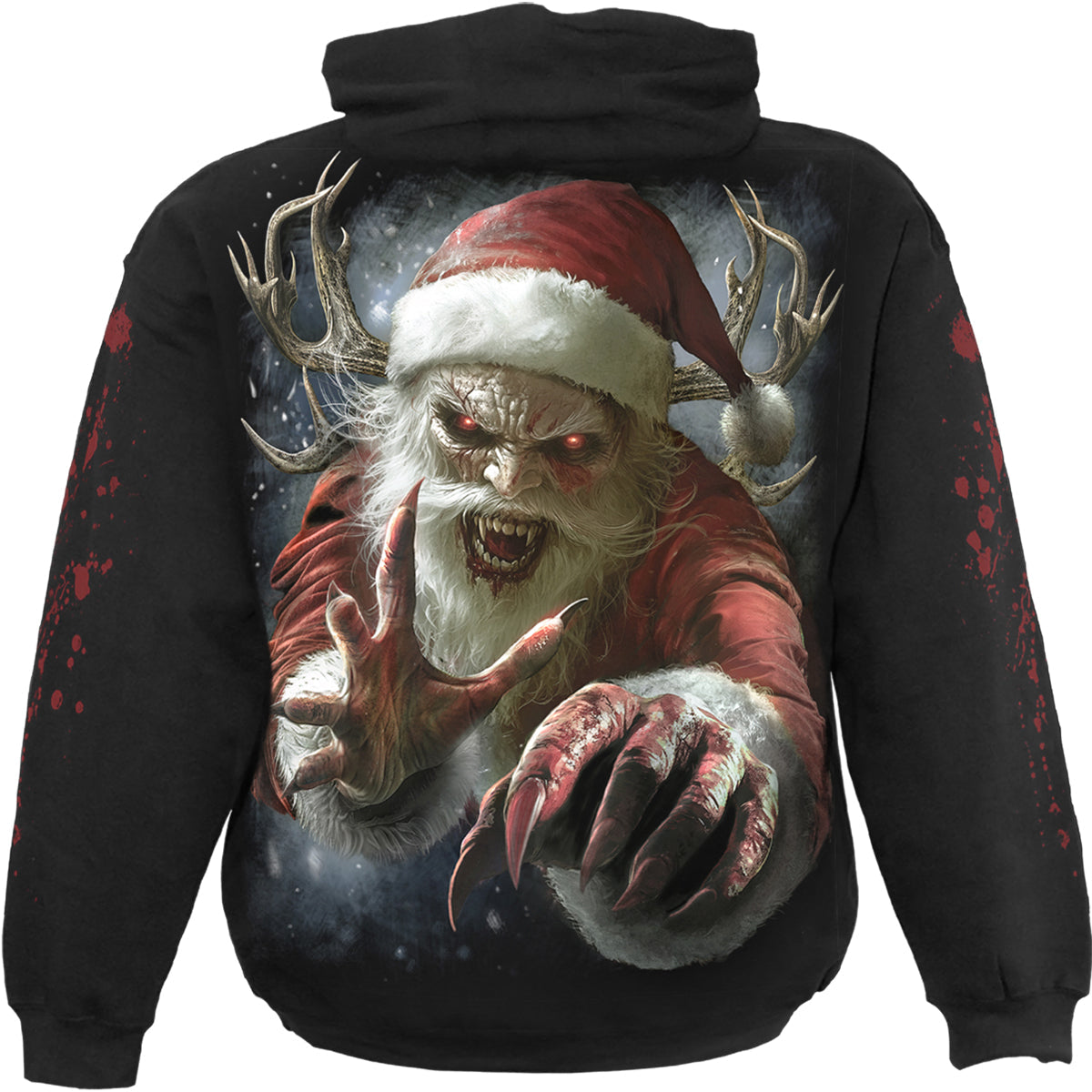Back view of Naughty Or Nice Santa gothic  Hoody in Black by Spiral Clothing