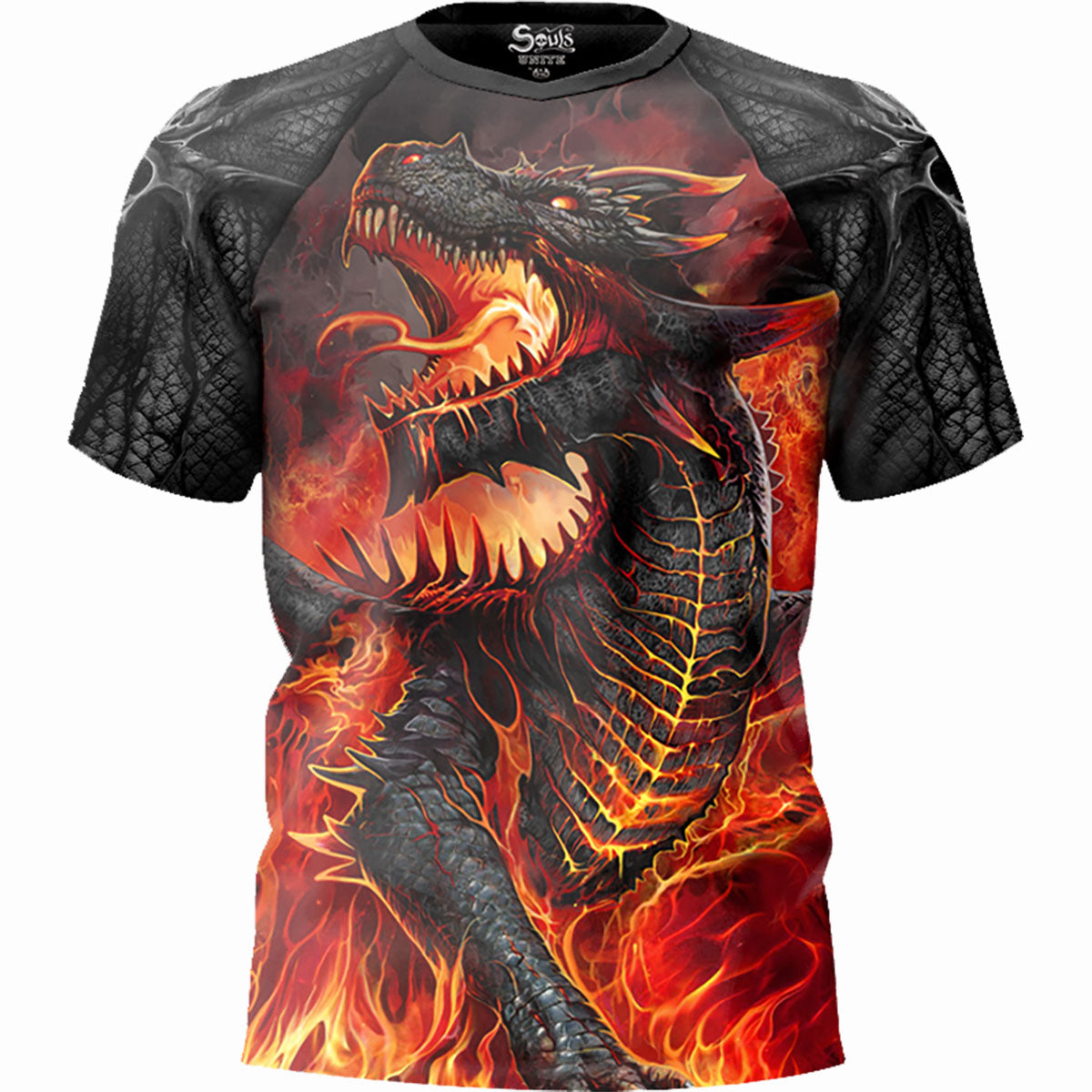 Draconis gothic Men's Sustainable Football Shirt in Black by Spiral Clothing - Front view