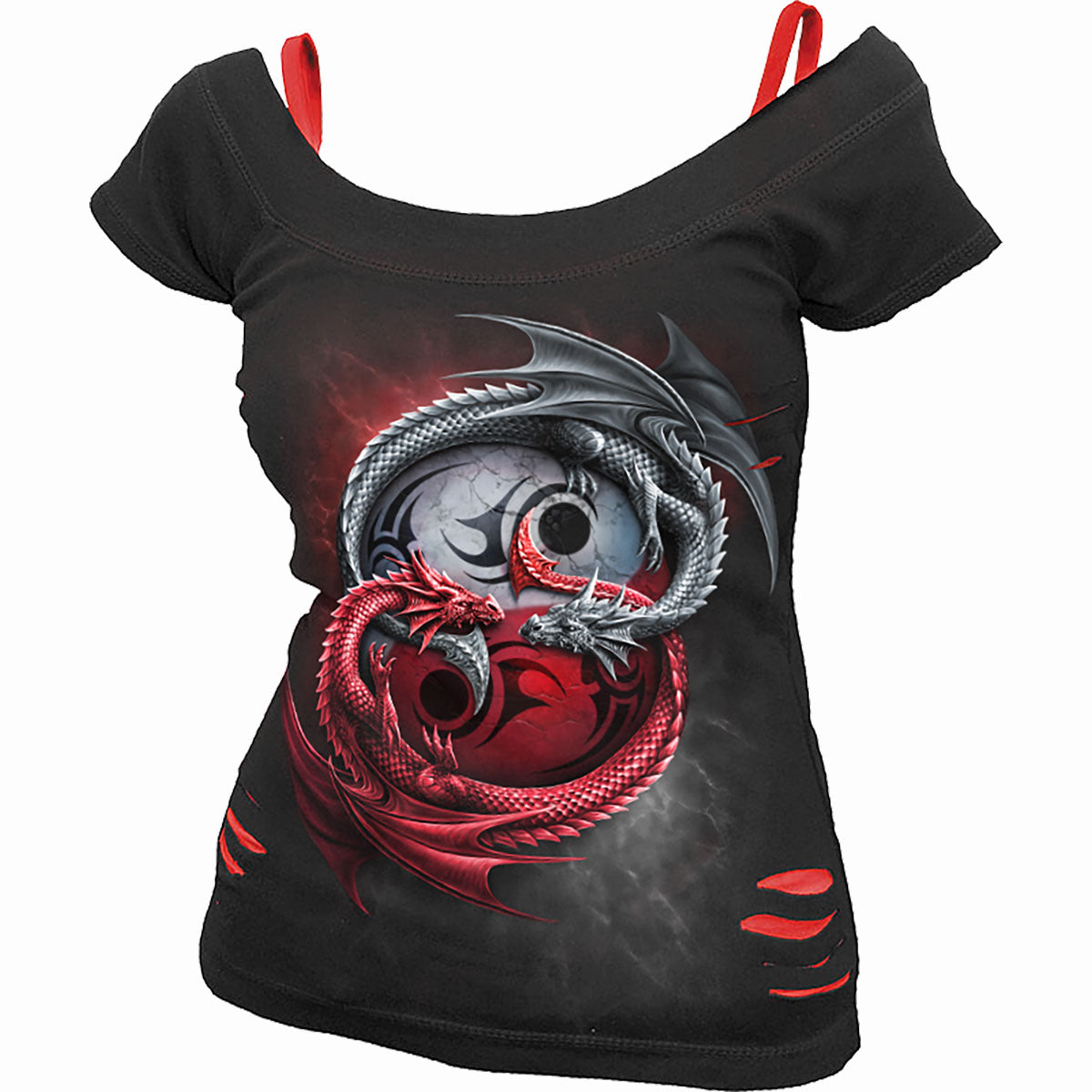 Infinity Dragons gothic 2in1 Red Ripped Top in Red/Black by Spiral Clothing - Front view