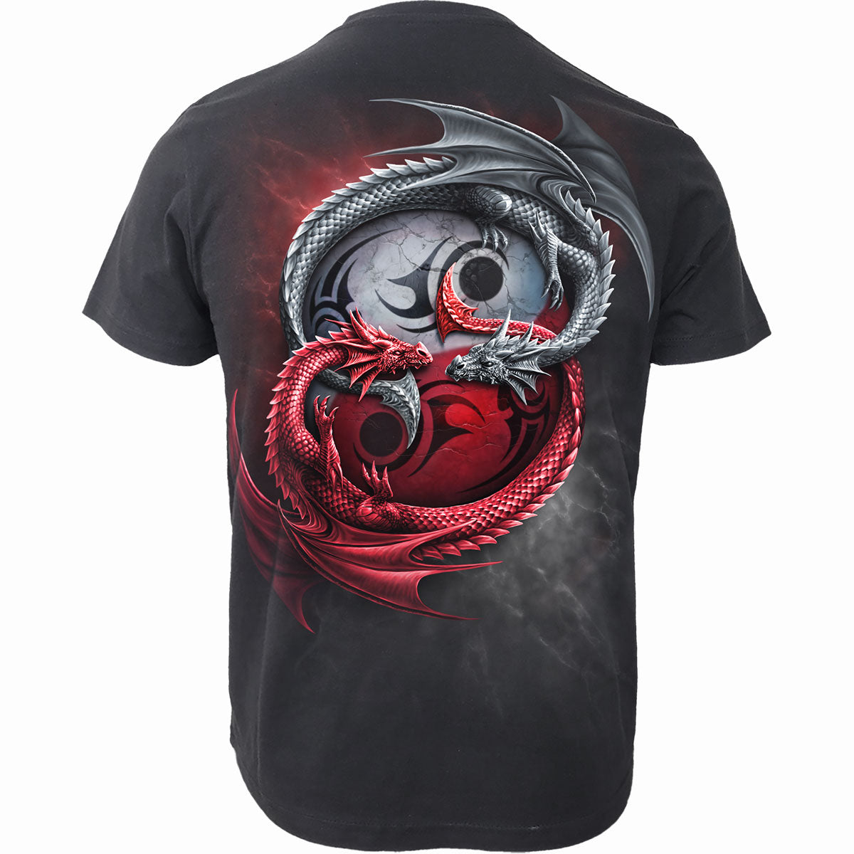 Back view of Infinity Dragons gothic  Organic T-Shirt in Black by Spiral Clothing
