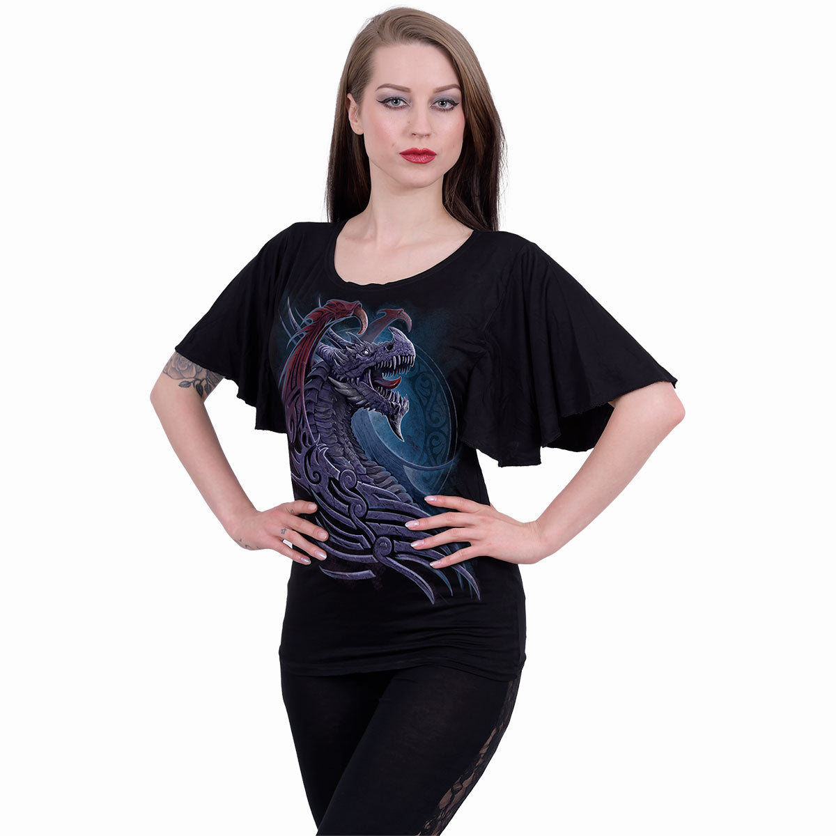 Male model wearing Dragon Borne gothic Boat Neck Bat Sleeve Top in Black by Spiral Clothing