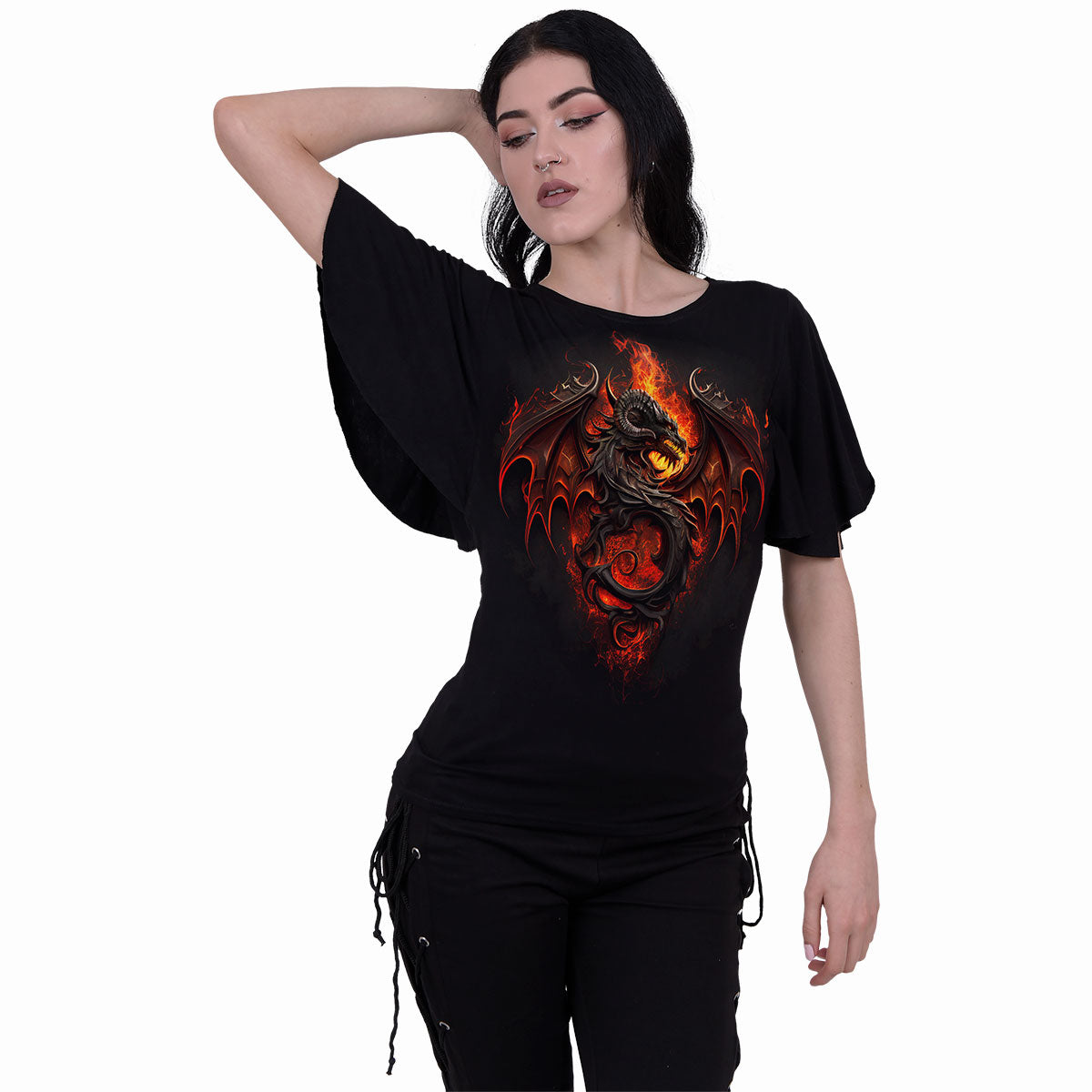 Infernal Duel gothic Boat Neck Bat Sleeve Top in Black by Spiral Clothing worn by a women
