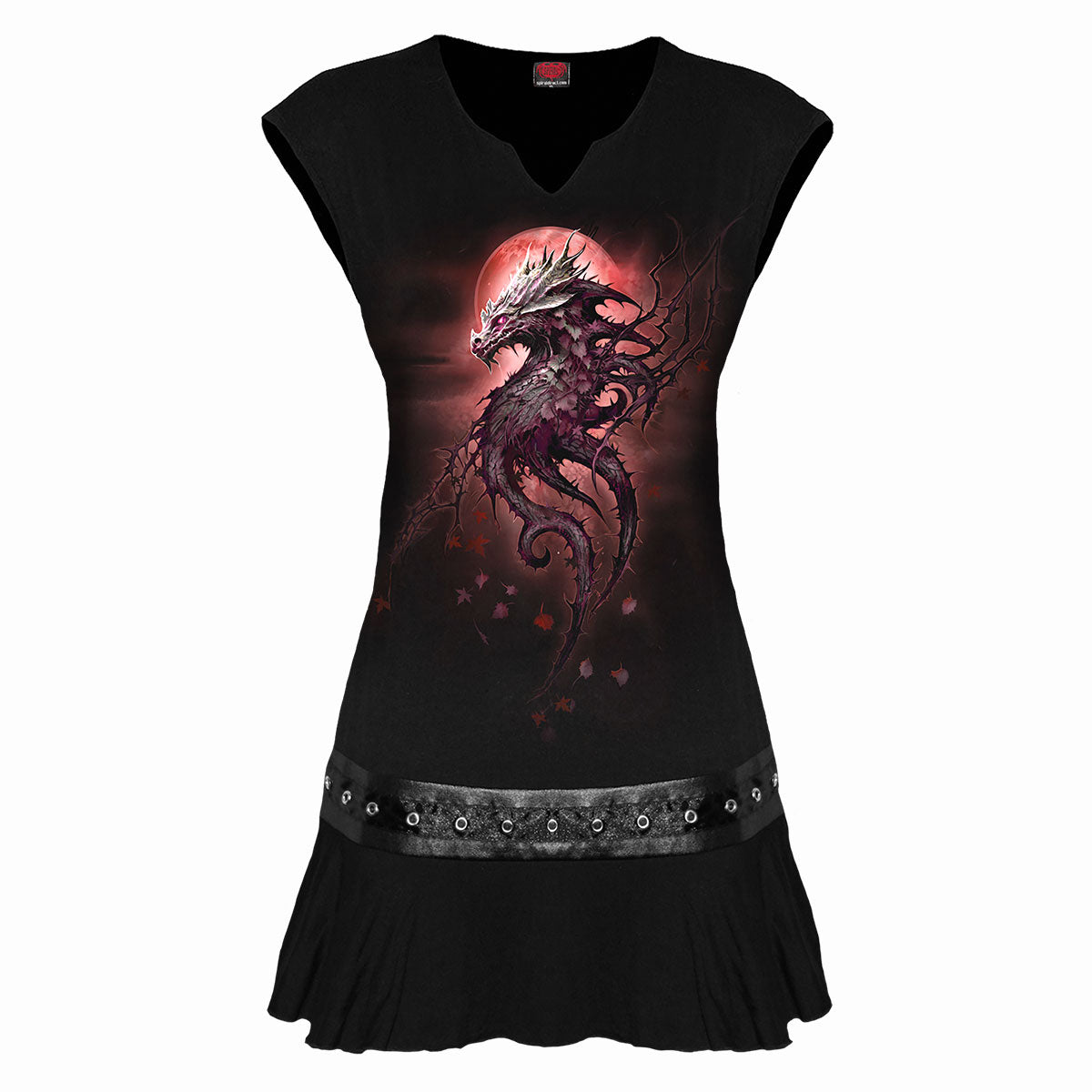 Oak Dragon gothic Stud Waist Mini Dress in Black by Spiral Clothing - Front view