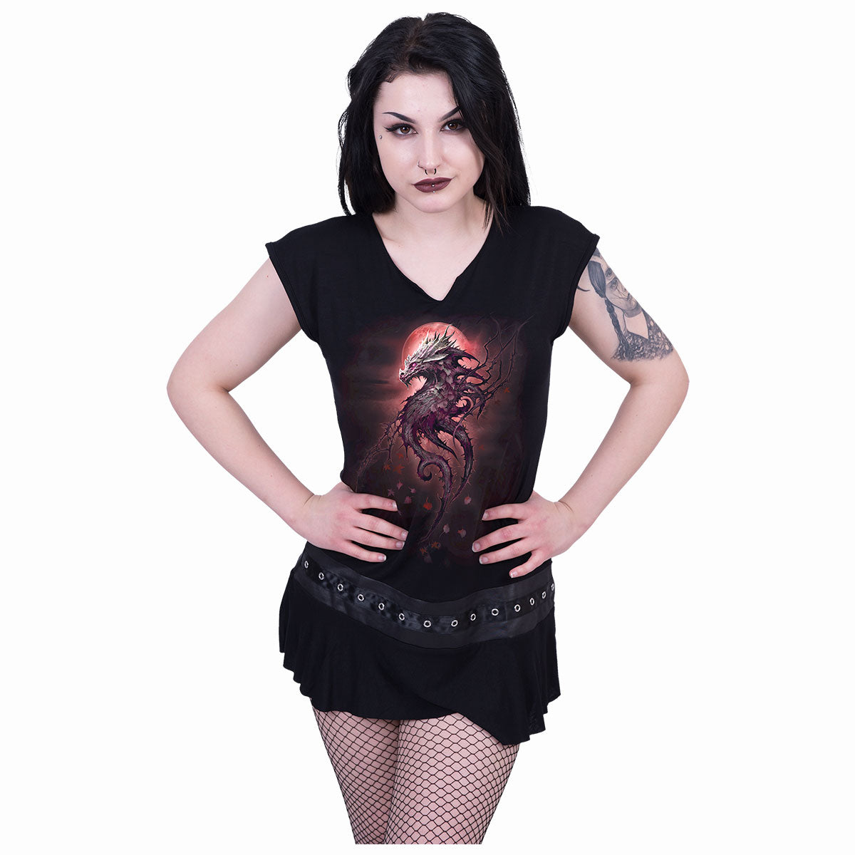 Oak Dragon gothic Stud Waist Mini Dress in Black by Spiral Clothing worn by a women