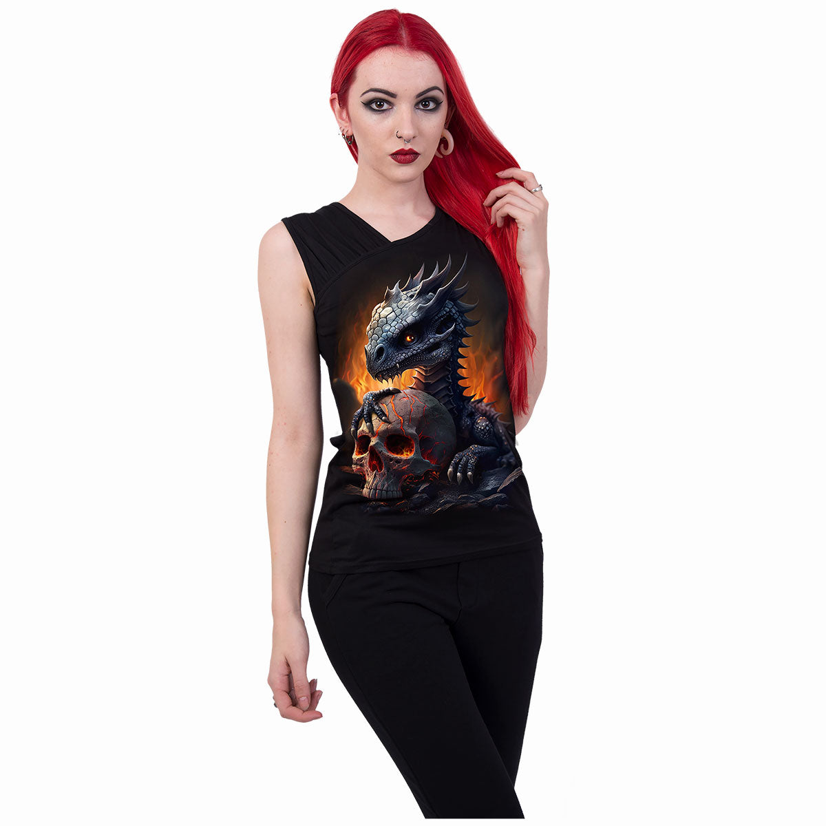 Male model wearing Hatchling gothic Gathered Shoulder Slant Vest in Black by Spiral Clothing