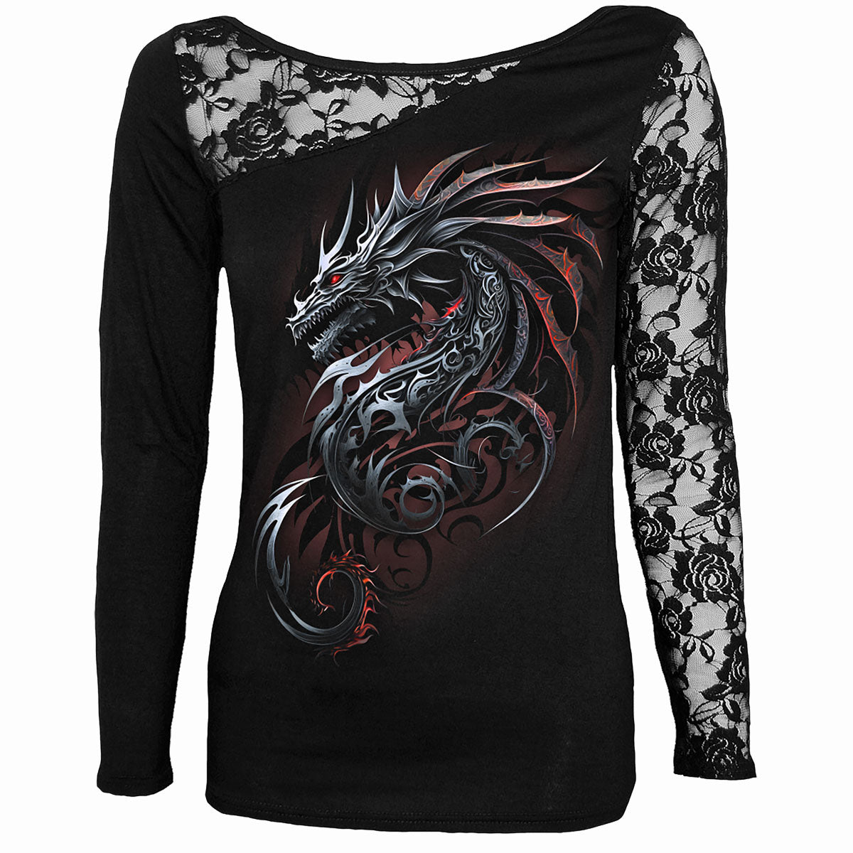 Dragon Shards gothic Lace One-Shoulder Long Sleeve Top in Black by Spiral Clothing - Front view