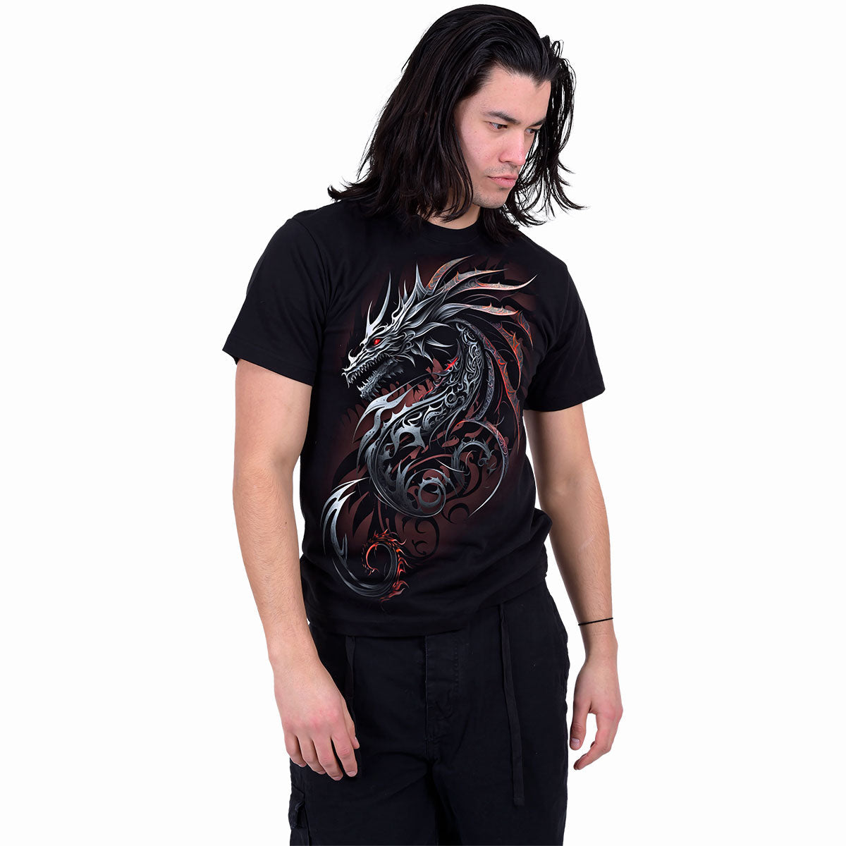 Male model wearing Dragon Shards gothic Front Print T-Shirt in Black by Spiral Clothing