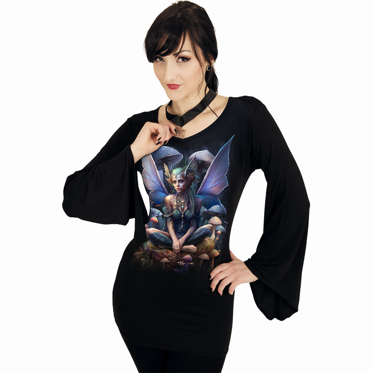 Magical gothic V Neck Goth Sleeve Top in Black by Spiral Clothing worn by a women