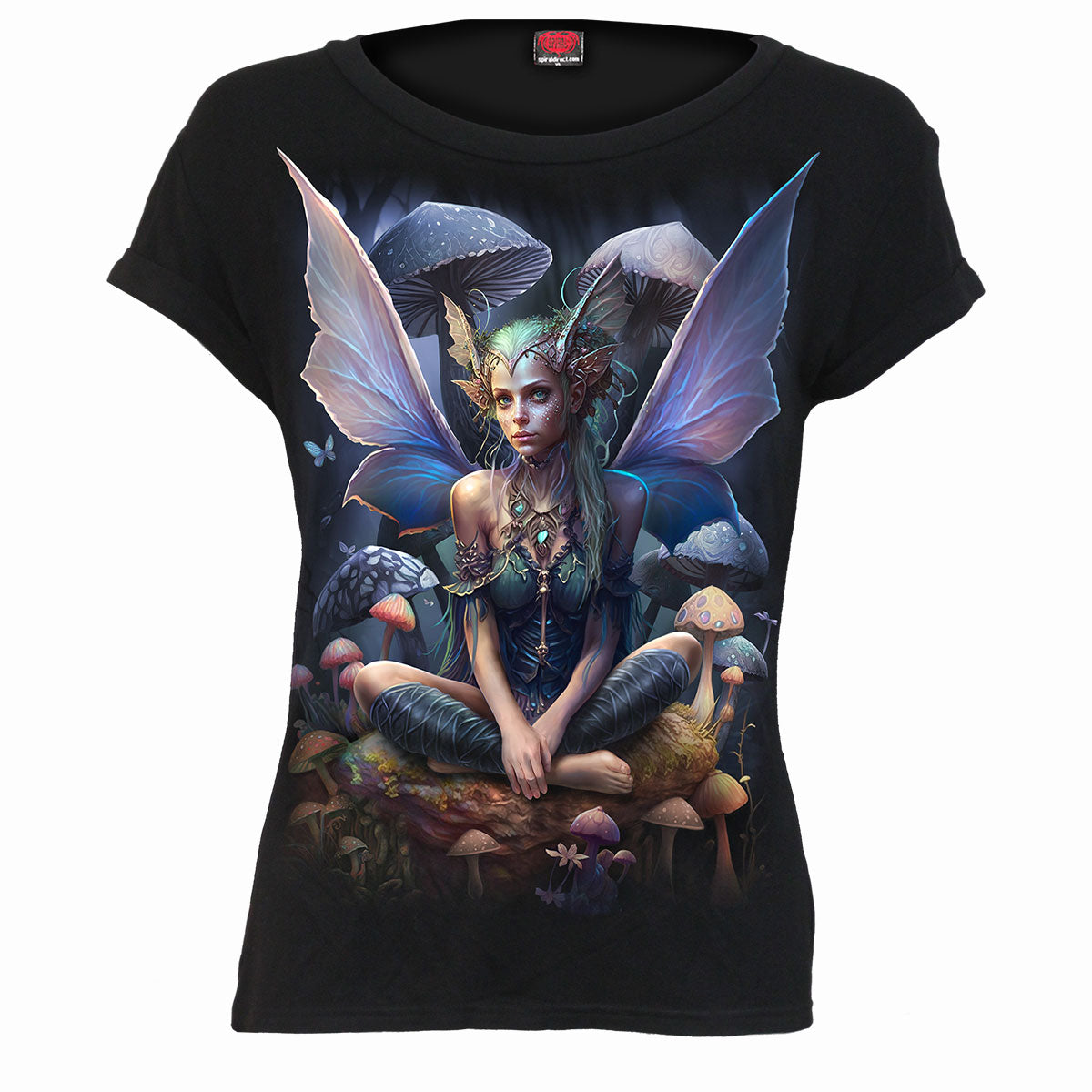 Male model wearing Magical gothic Boat Neck Cap Sleeve Top in Black by Spiral Clothing