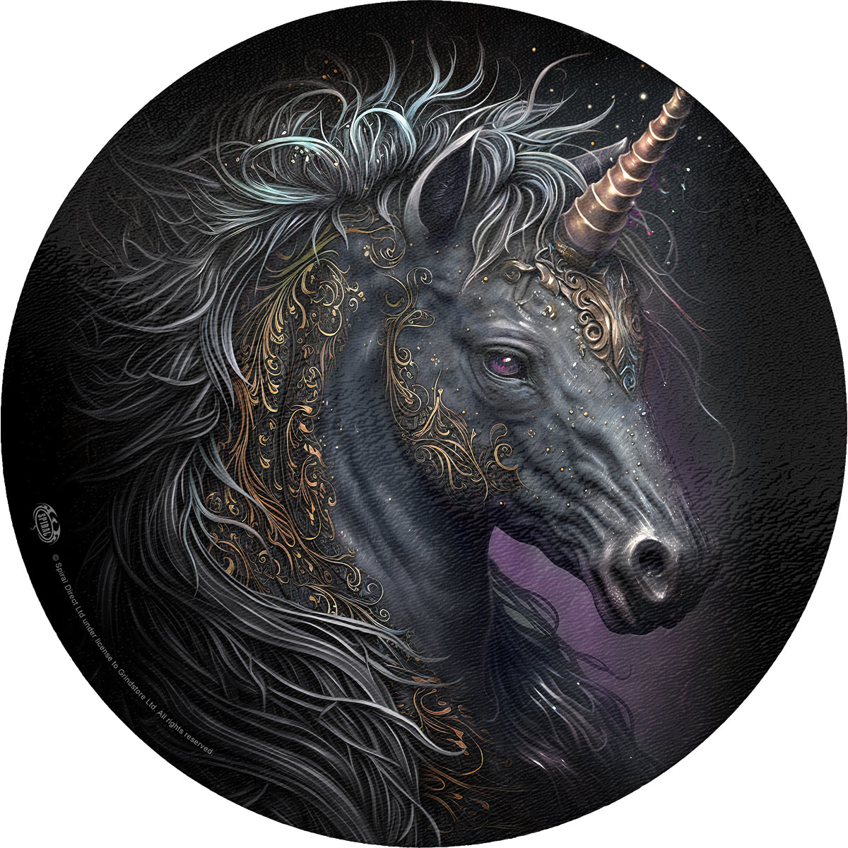 Celtic Unicorn gothic  Glass Chopping Board (Circular) in Black by Spiral Clothing 