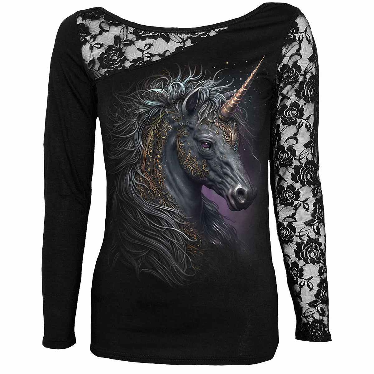 Celtic Unicorn gothic Lace One-Shoulder Long Sleeve Top in Black by Spiral Clothing - Front view
