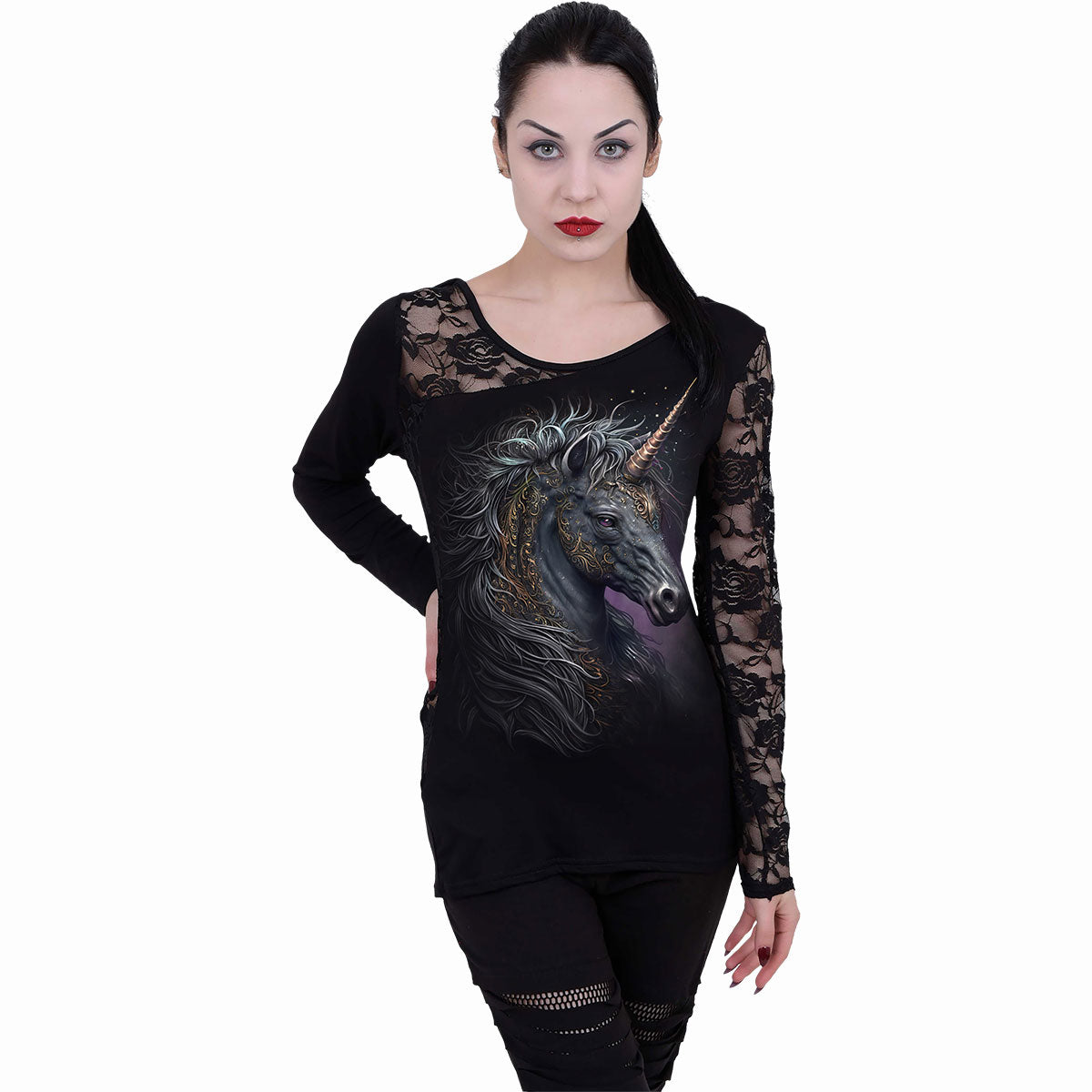 Celtic Unicorn gothic Lace One-Shoulder Long Sleeve Top in Black by Spiral Clothing worn by a women