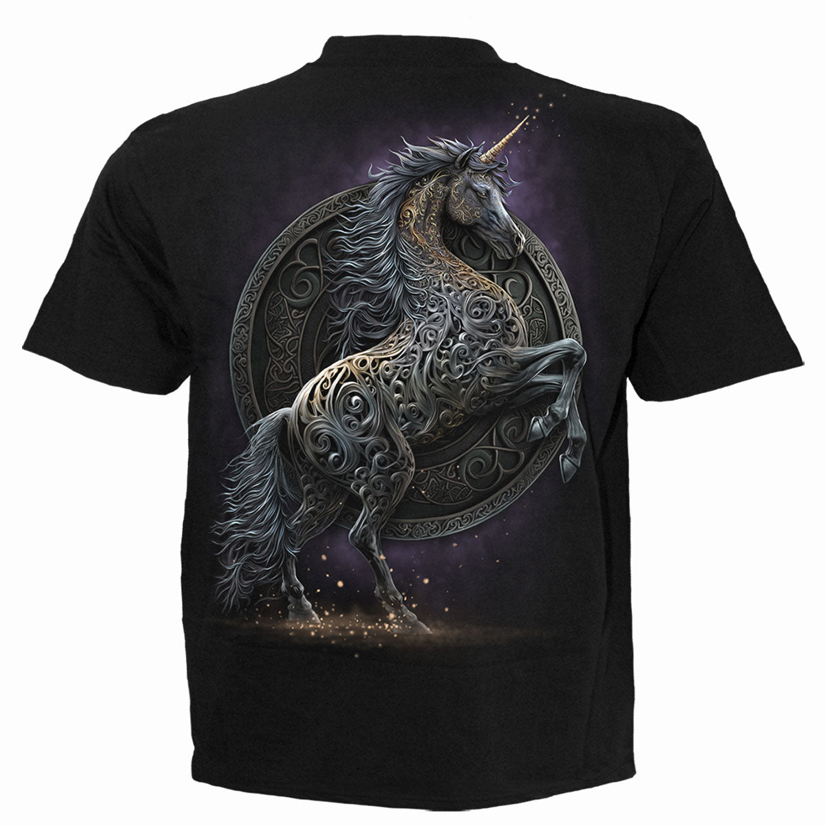 Back view of Celtic Unicorn gothic  T-Shirt in Black by Spiral Clothing