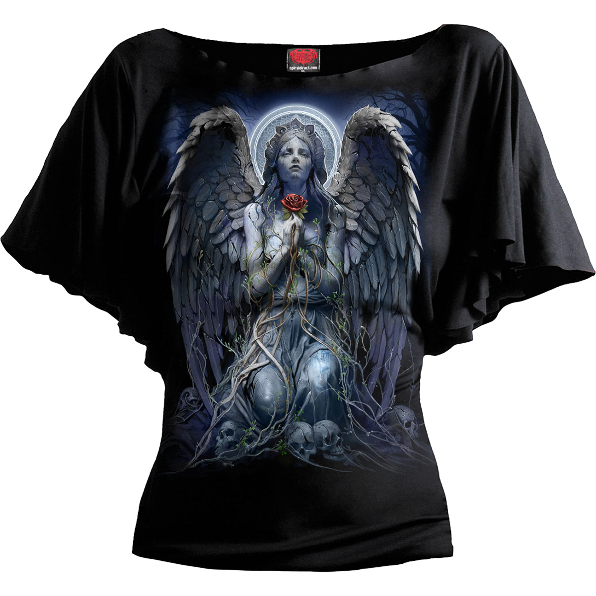 Grieving Angel gothic Boat Neck Bat Sleeve Top in Black by Spiral Clothing - Front view