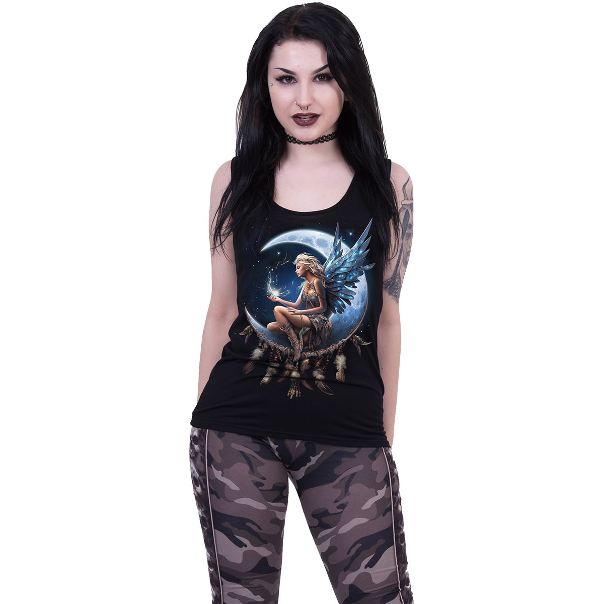 Male model wearing Moon Fairy gothic Razor Back Top in Black by Spiral Clothing