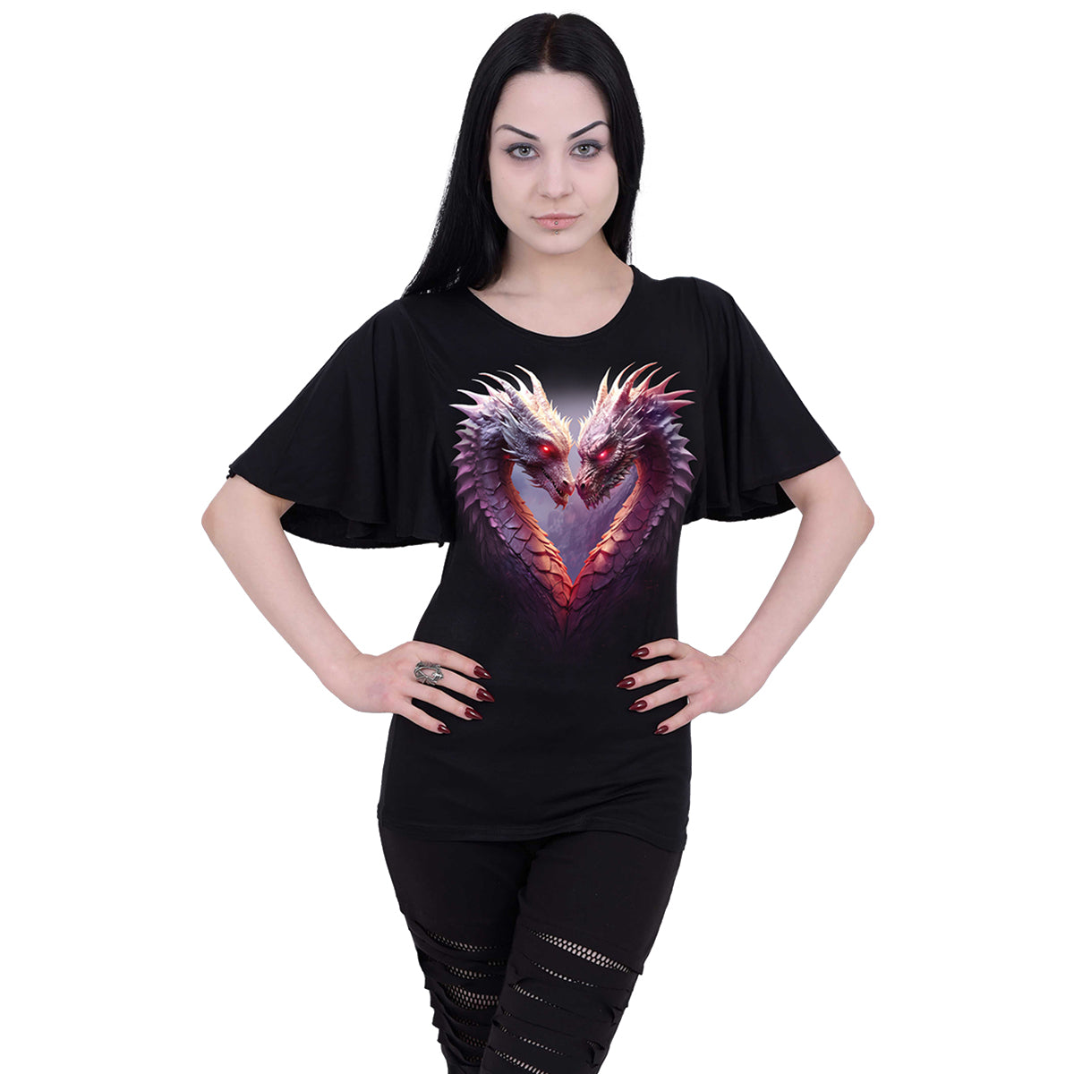 Male model wearing Heart Of Dragons gothic Boat Neck Bat Sleeve Top in Black by Spiral Clothing