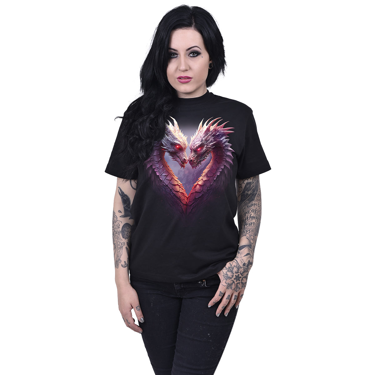 Heart Of Dragons gothic Front Print T-Shirt in Black by Spiral Clothing worn by a women