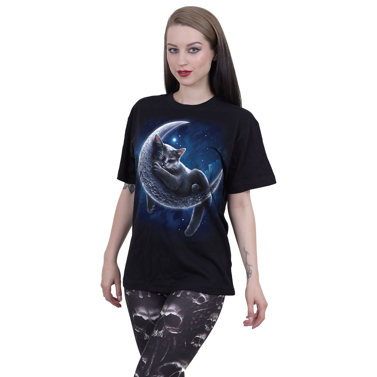 Male model wearing Velvet Moon gothic  Front Print T-Shirt in Black by Spiral Clothing
