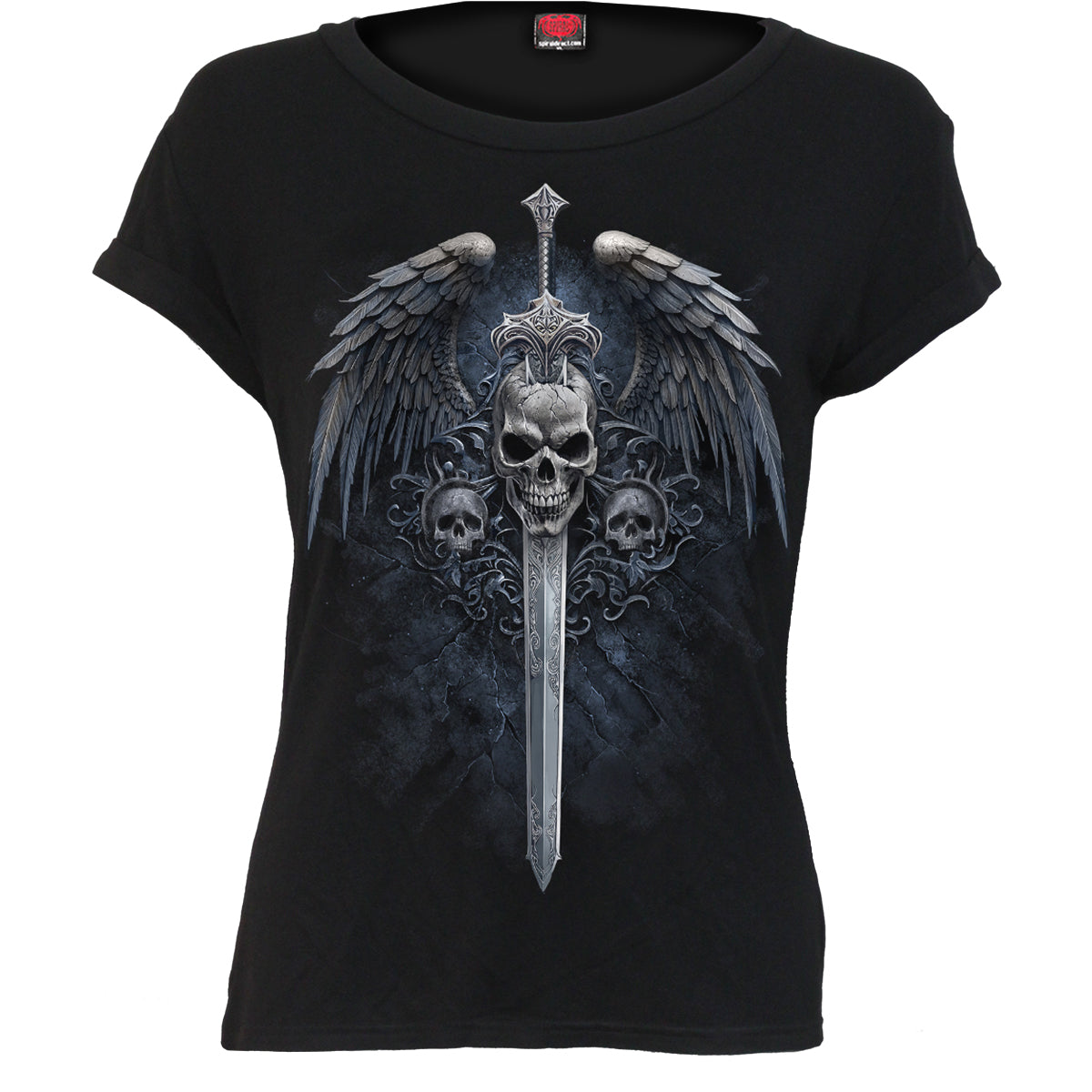 Angel Sword gothic Boat Neck Cap Sleeve Top in Black by Spiral Clothing - Front view