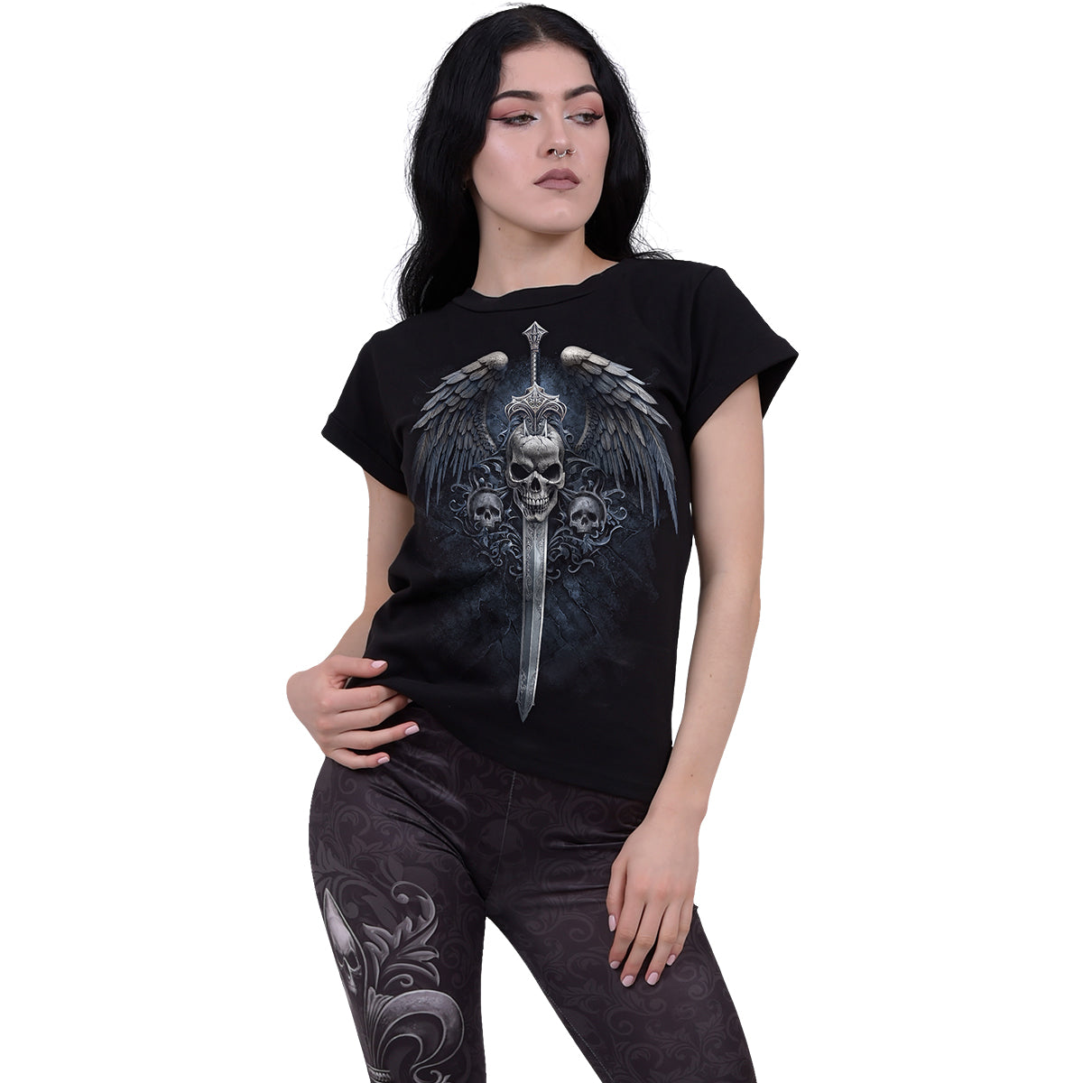 Angel Sword gothic Boat Neck Cap Sleeve Top in Black by Spiral Clothing worn by a women