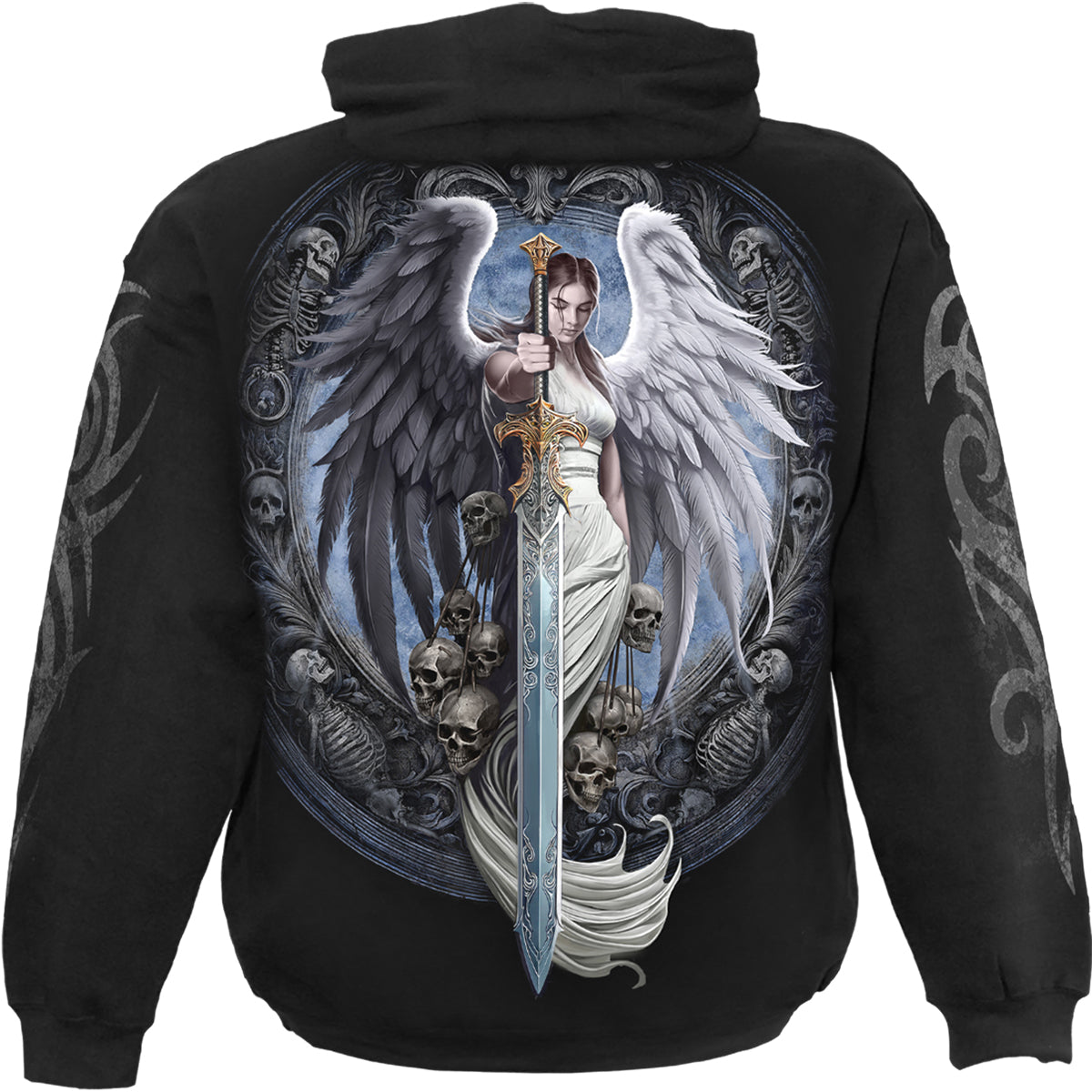Back view of Angel Sword gothic Hoody in Black by Spiral Clothing
