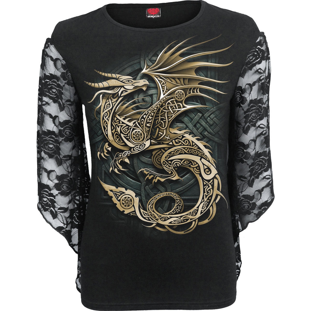 Celtic Dragon gothic Rose Lace Sleeve Top in Charcoal by Spiral Clothing - Front view