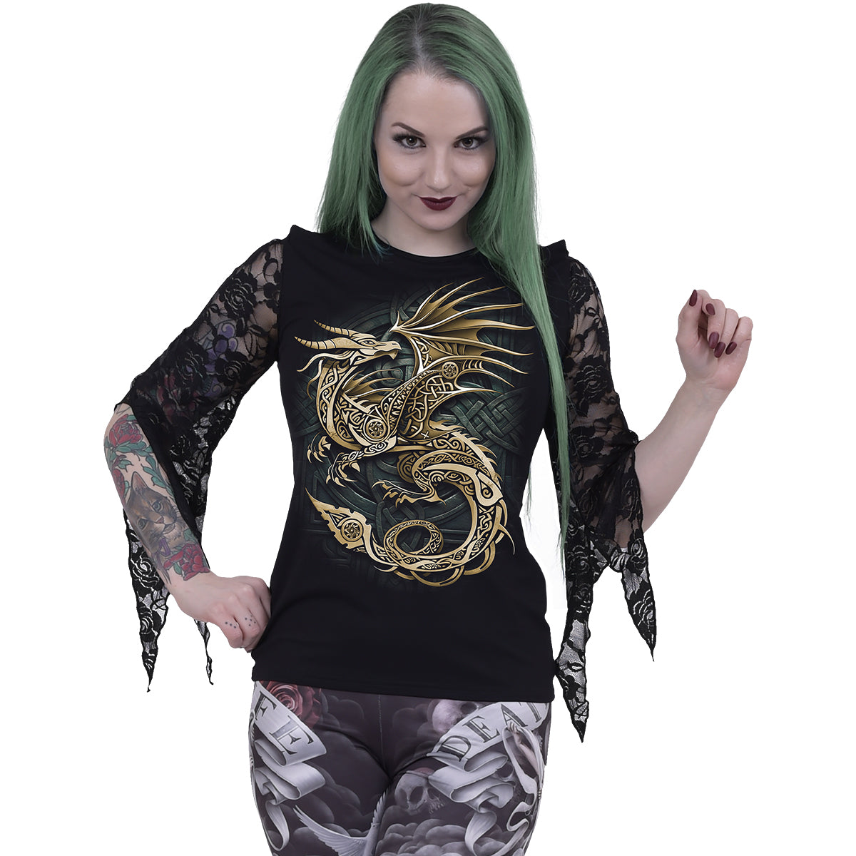 Celtic Dragon gothic Rose Lace Sleeve Top in Charcoal by Spiral Clothing worn by a women