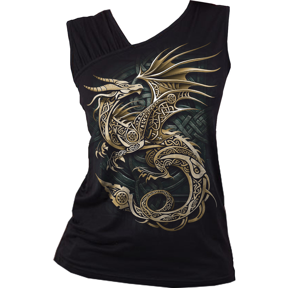 Celtic Dragon gothic Gathered Shoulder Slant Vest in Black by Spiral Clothing - Front view