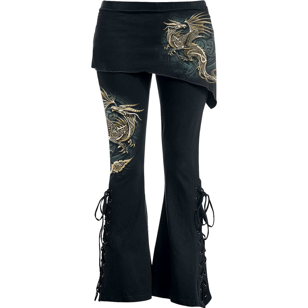 Celtic Dragon gothic 2in1 Boot-Cut Leggings with Micro Slant Skirt in Black by Spiral Clothing - Front view
