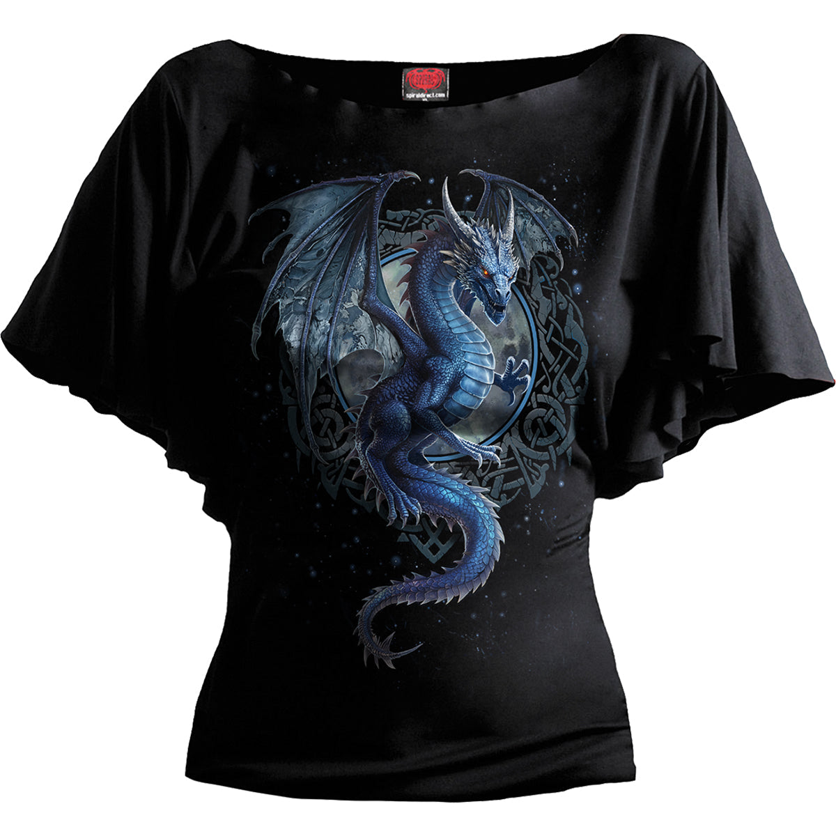 Storm Dragon gothic Boat Neck Bat Sleeve Top in Black by Spiral Clothing - Front view