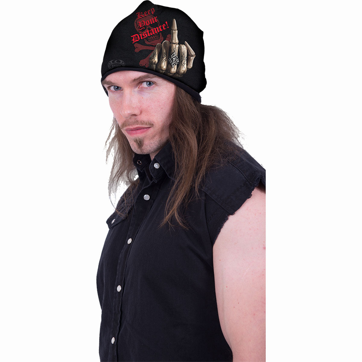 Male model wearing Bone Finger gothic   Light Cotton Beanie in Black by Spiral Clothing