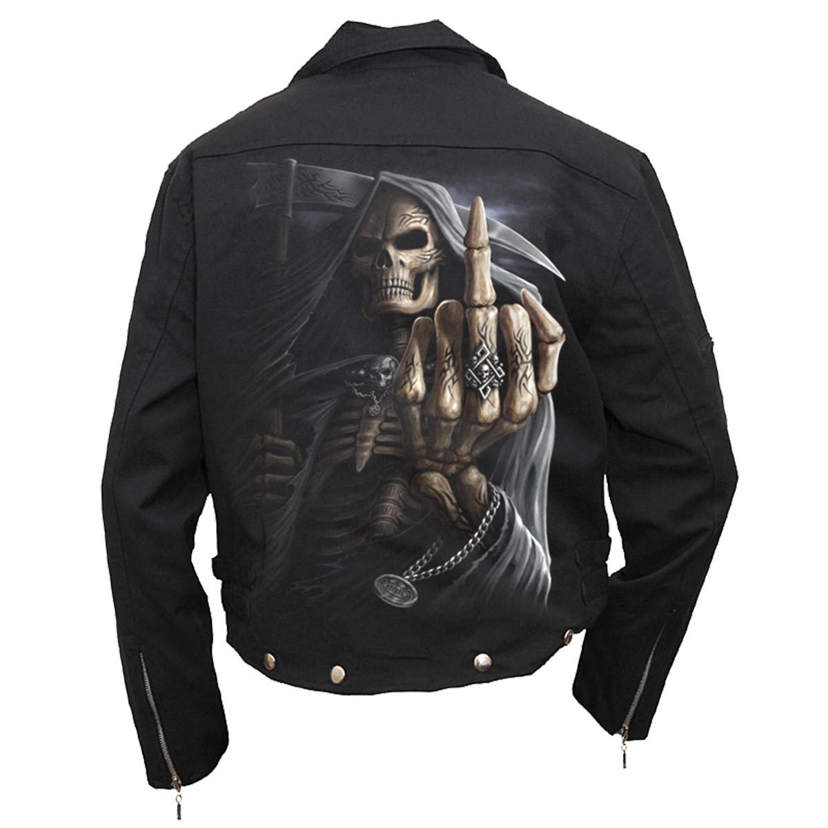 Back view of Bone Finger gothic  Lined Biker Jacket in Black by Spiral Clothing