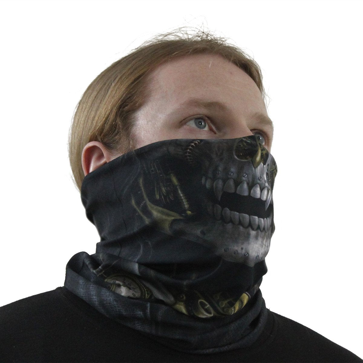 Male model wearing Steam Punk Reaper gothic  Multifunctional Face Wrap in Black by Spiral Clothing