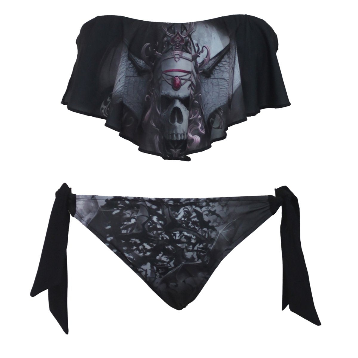 Goth Nights gothic Women's Allover Flapover Bikini Swimsuit in Black by Spiral Clothing - Front view