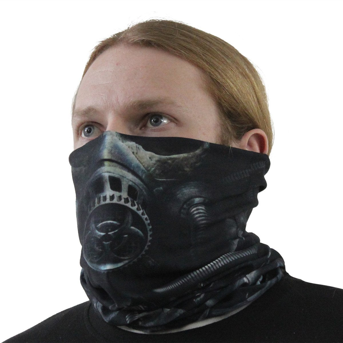 Male model wearing Bio Skull gothic  Multifunctional Face Wrap in Black by Spiral Clothing