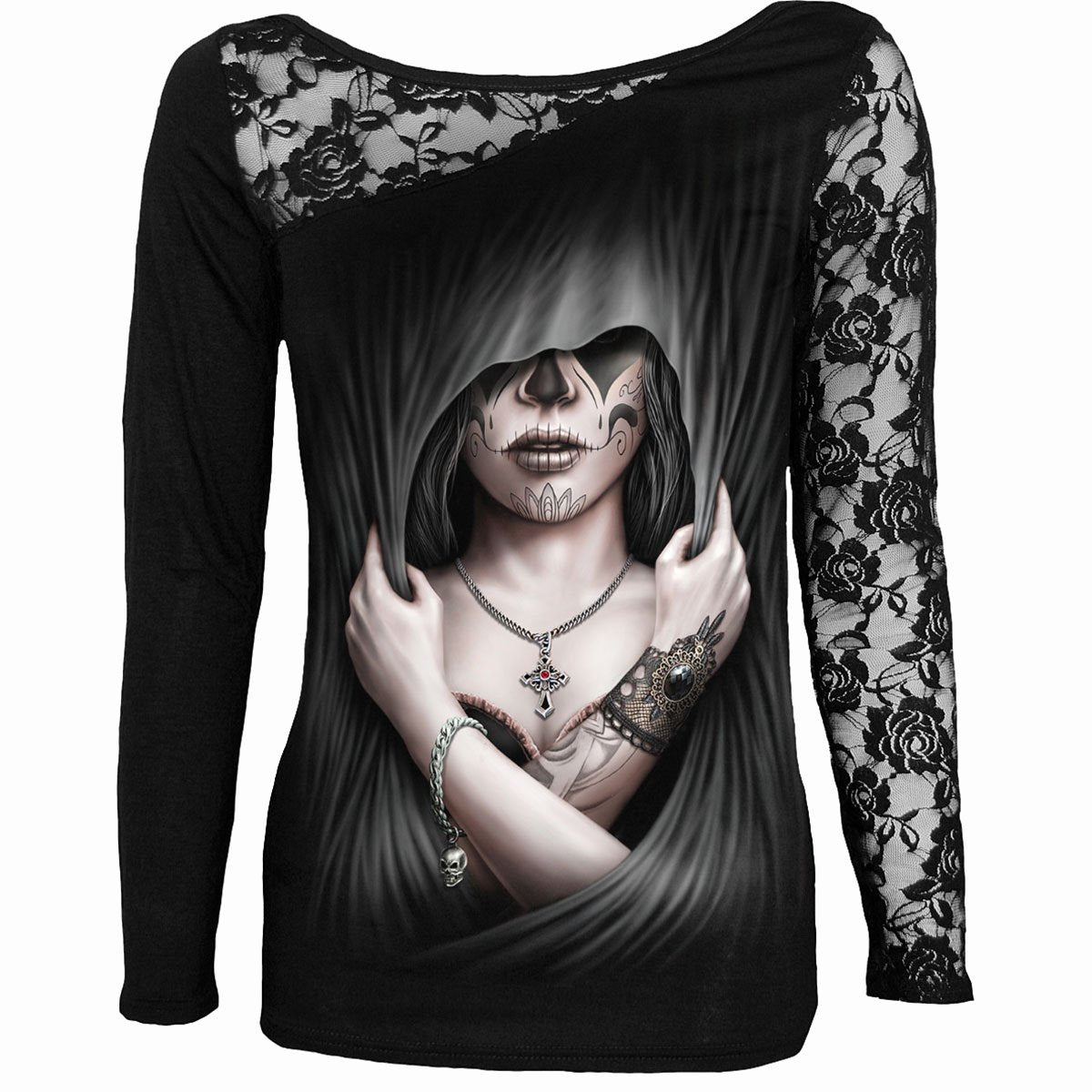Male model wearing Dead Love gothic Women's Lace One-Shoulder Long Sleeve Top in Black by Spiral Clothing
