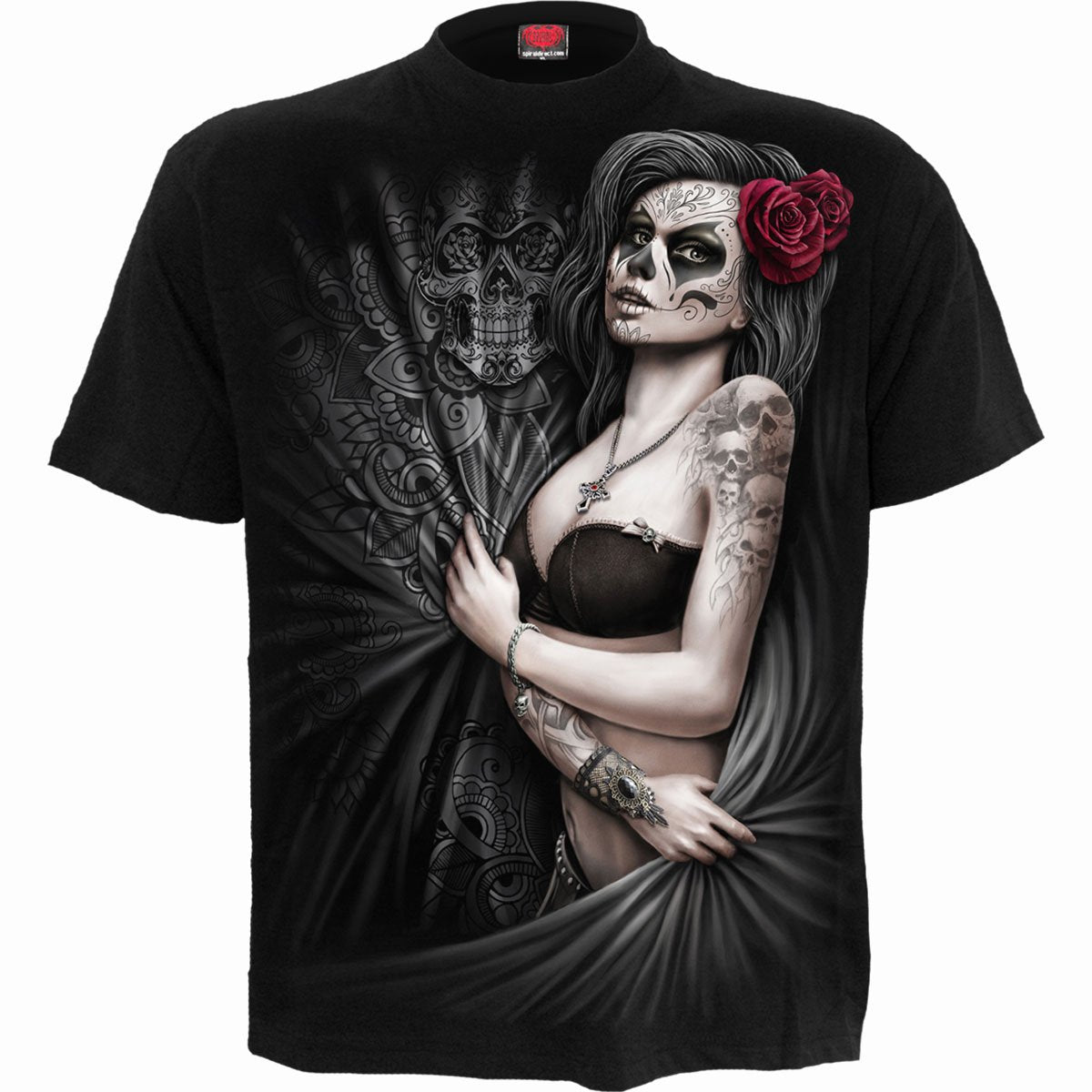 Male model wearing Dead Love gothic Men's T-Shirt in Black by Spiral Clothing