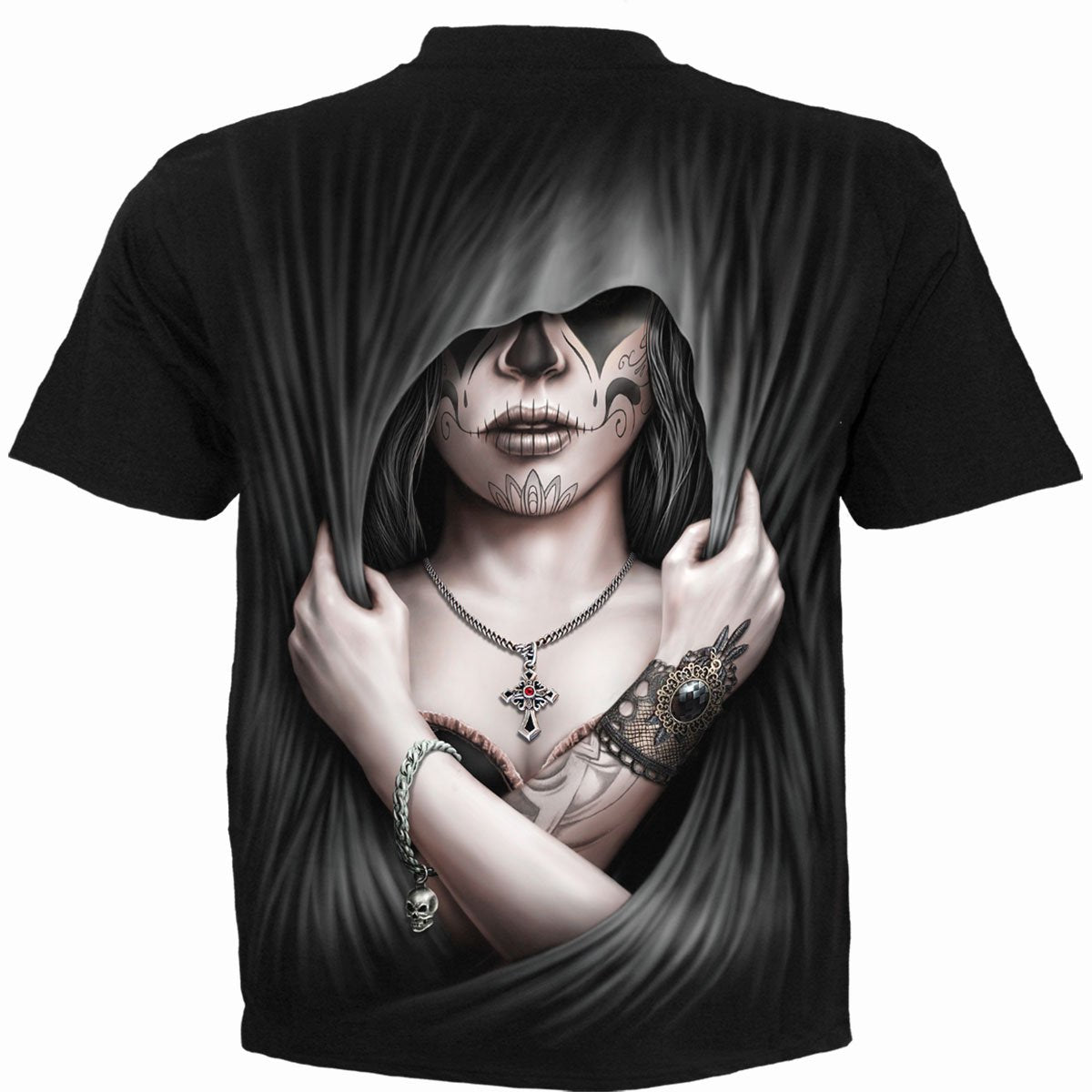 Male model wearing Dead Love gothic  T-Shirt in Black by Spiral Clothing