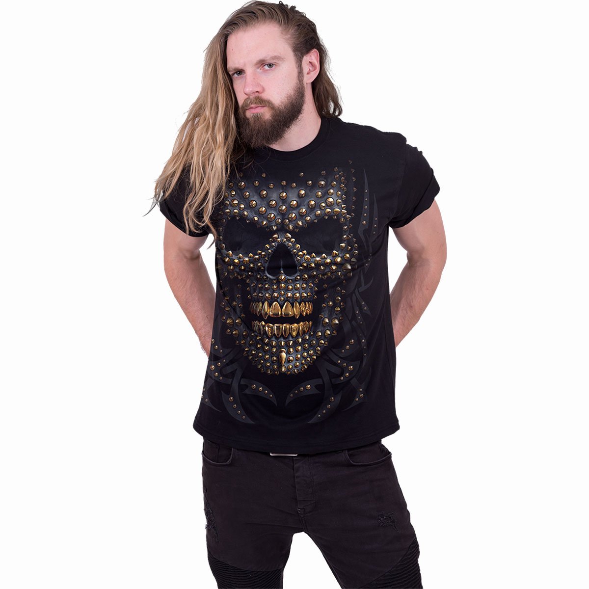 Male model wearing Black Gold gothic Front Print T-Shirt in Black/Gold by Spiral Clothing