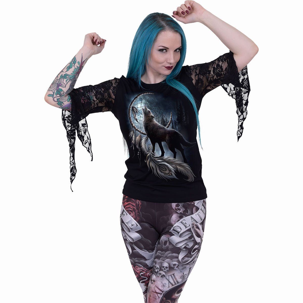 From Darkness gothic Rose Lace Sleeve Top in Black by Spiral Clothing worn by a women