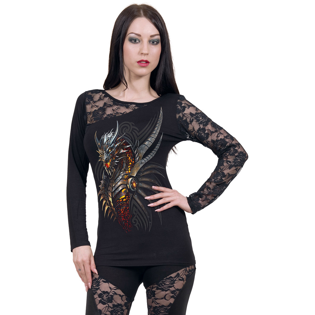 Razor Back gothic Lace One-Shoulder Long Sleeve Top in Black by Spiral Clothing worn by a women